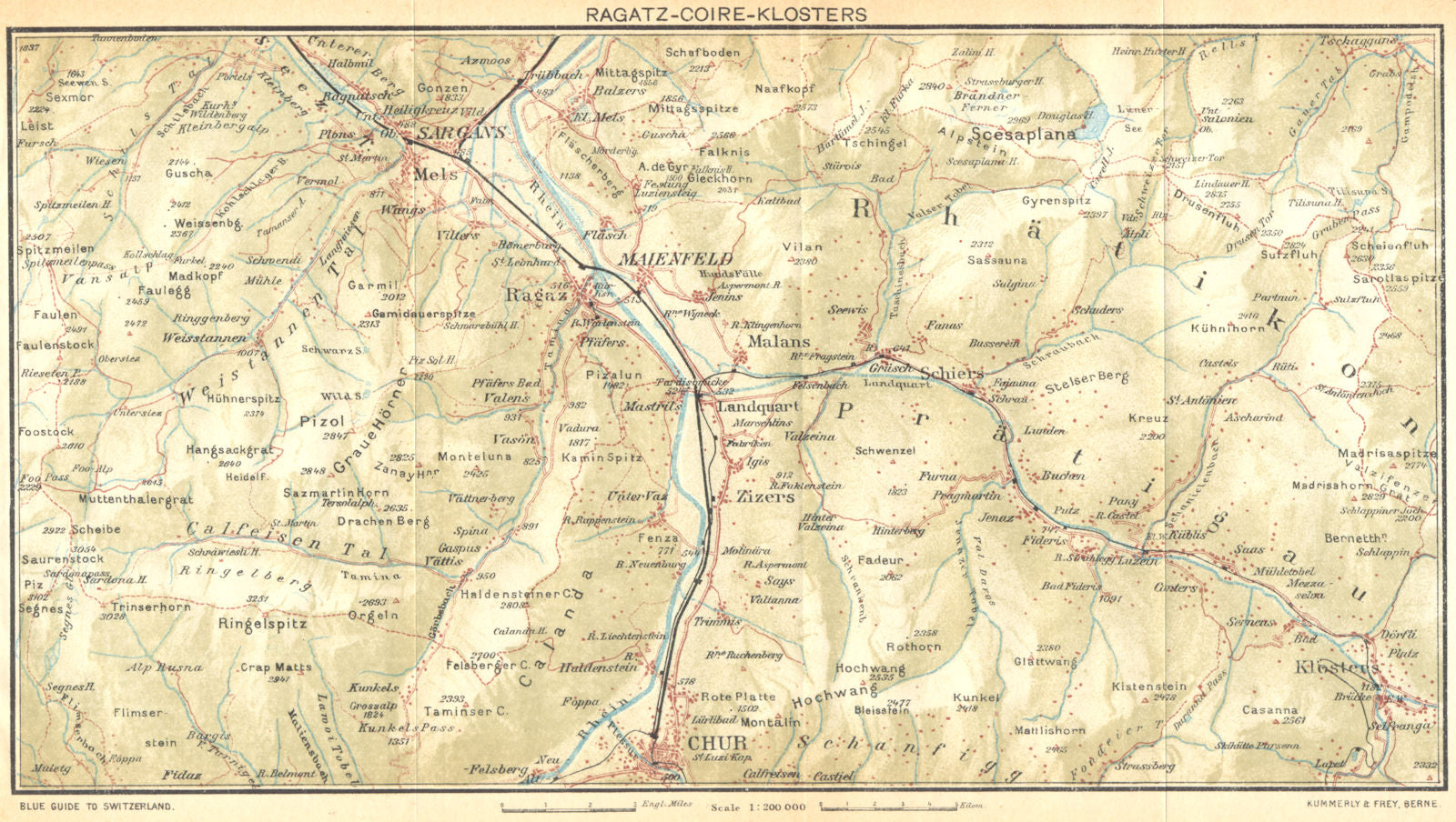 SWITZERLAND. Ragatz-Coire-Klosters 1930 old vintage map plan chart